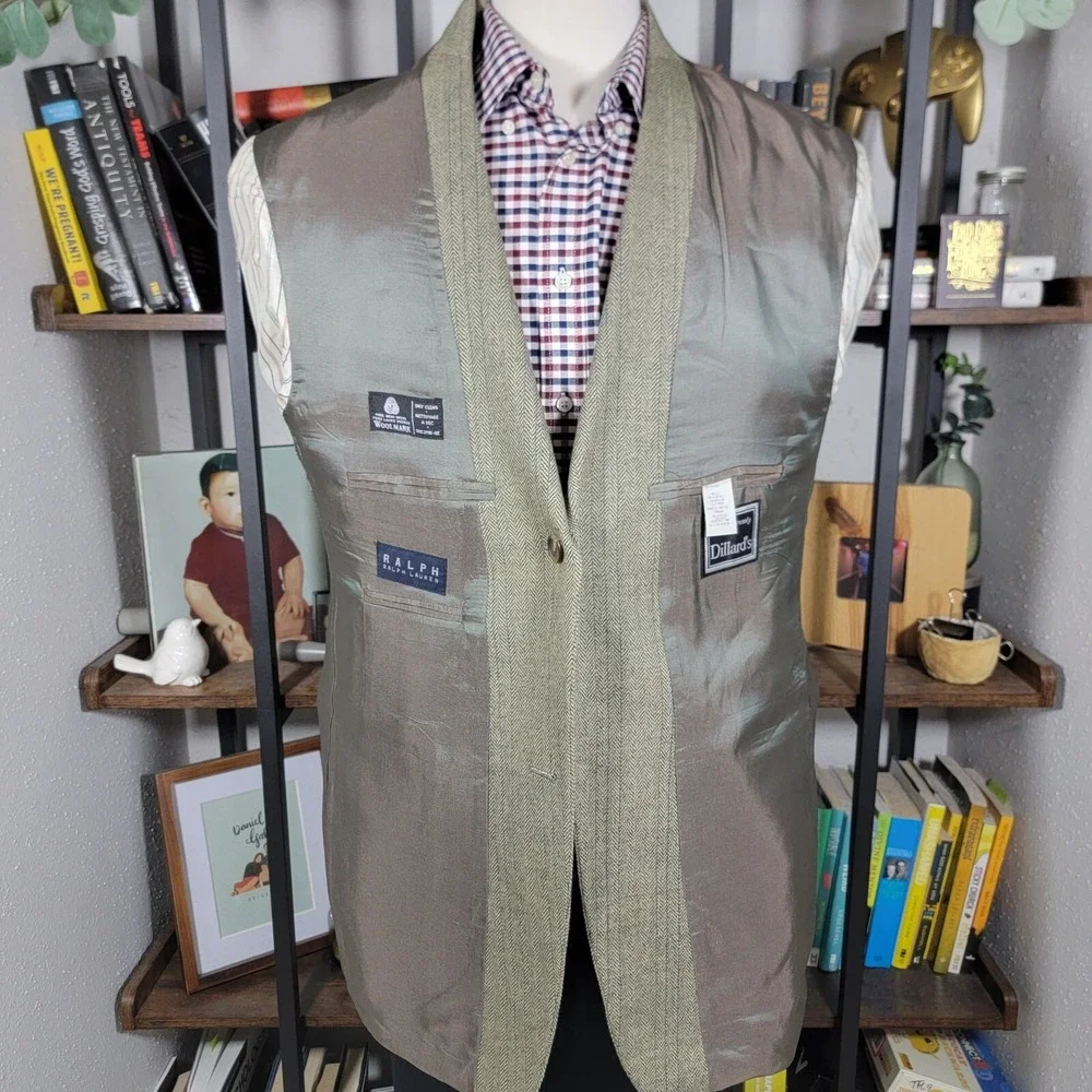 VTG RALPH LAUREN Men's Sport Coat Blazer Two Button Gray Herringbone Wool Sz 44L